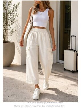 Cream Wide Leg Cargo Pants High Rise Elastic Waist Minimalist Lounge